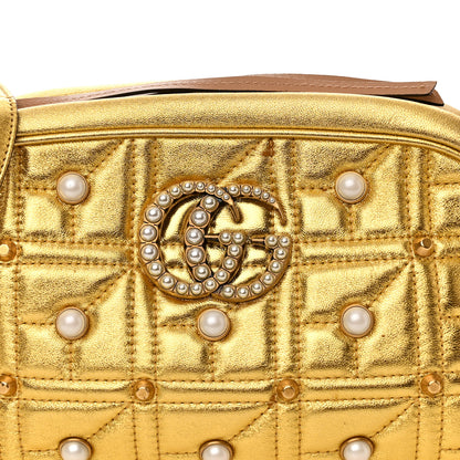 Gucci Metallic Calfskin Matelasse Studded Small Pearly GG Marmont Chain Shoulder Bag Gold 9 of 11