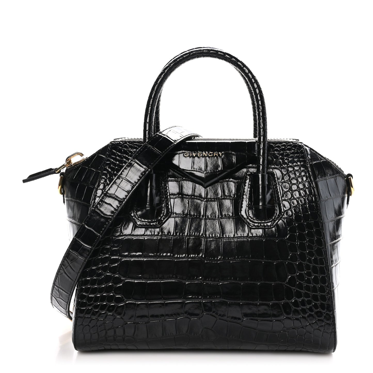 Calfskin Crocodile Embossed Small Antigona Black
