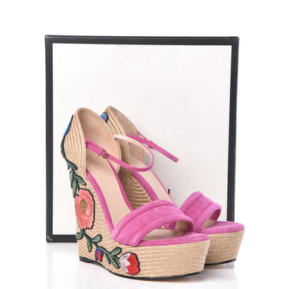 Gucci Kid Scamosciato Ophelia Espadrille Platform Wedge Sandals 41 Rododendro 8 of 8