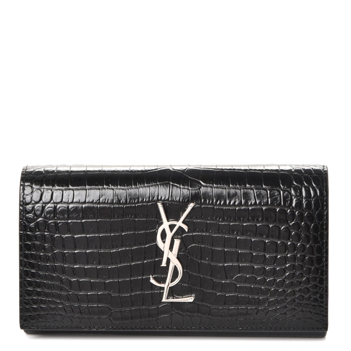 Calfskin Crocodile Embossed Large Monogram Flap Wallet Black