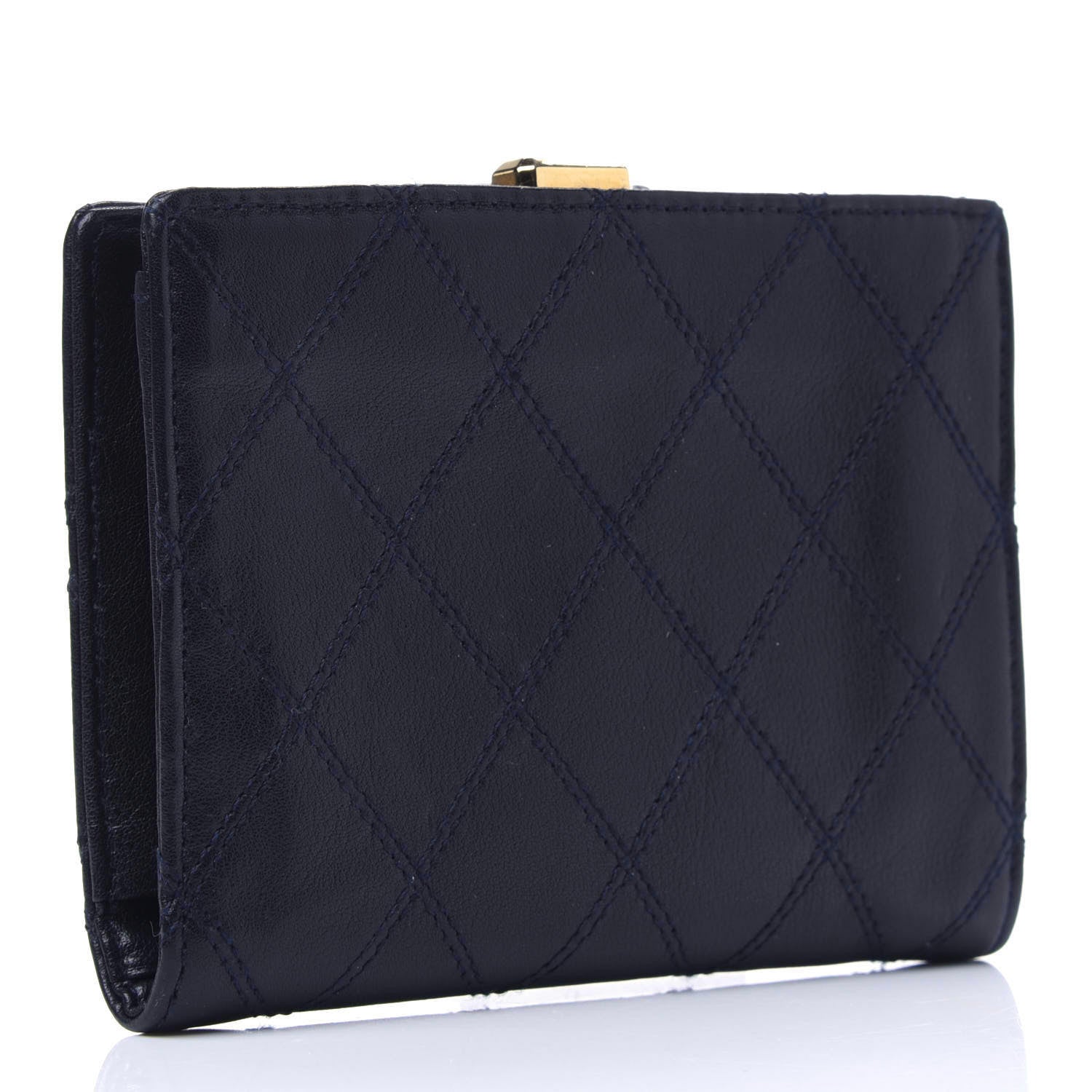 Chanel Lambskin Diamond Stitched Compact French Wallet Navy 3 of 18