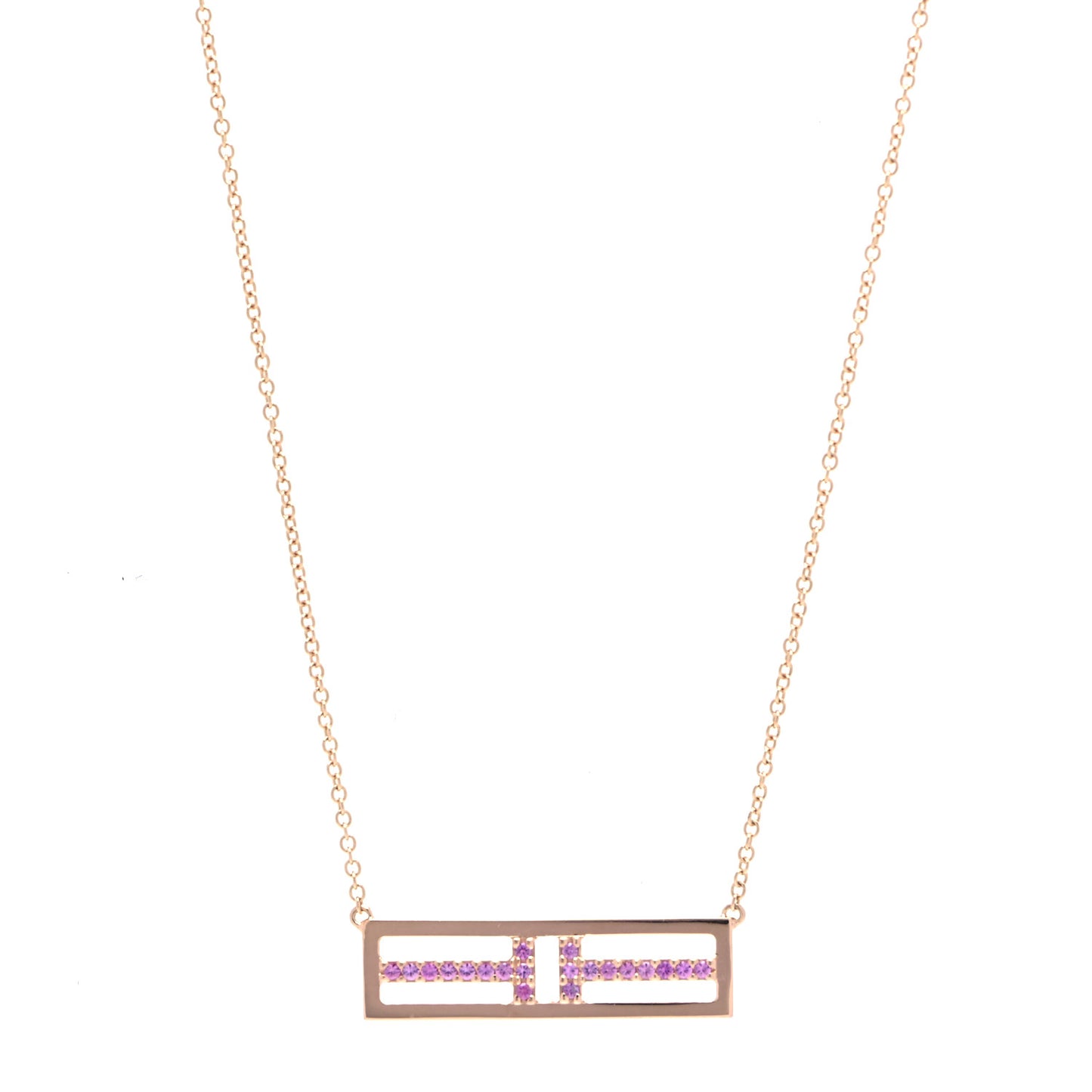 18K Rose Gold Pink Sapphire T Open Horizontal Bar Pendant Necklace