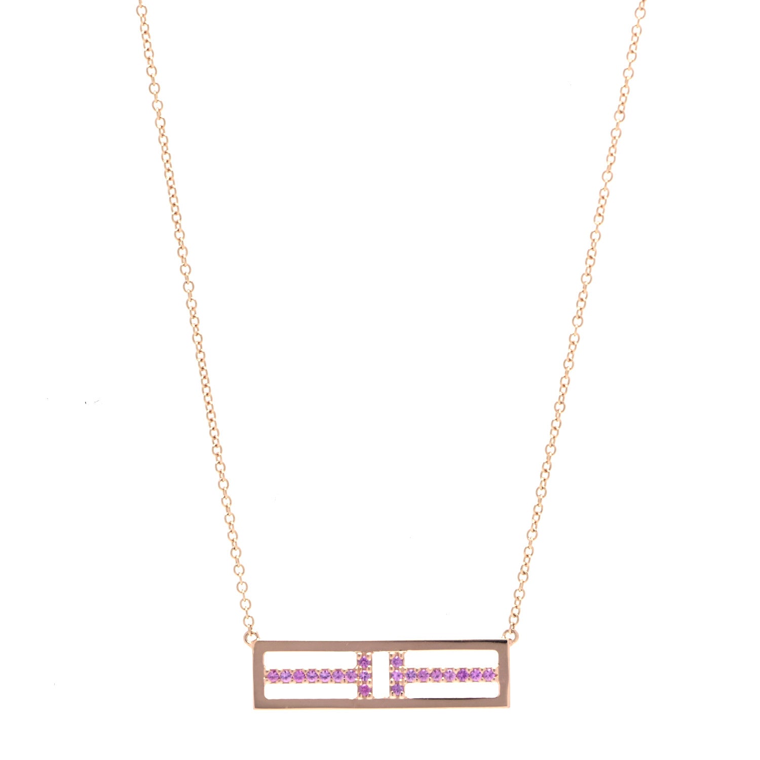Tiffany 18K Rose Gold Pink Sapphire T Open Horizontal Bar Pendant Necklace 1 of 7