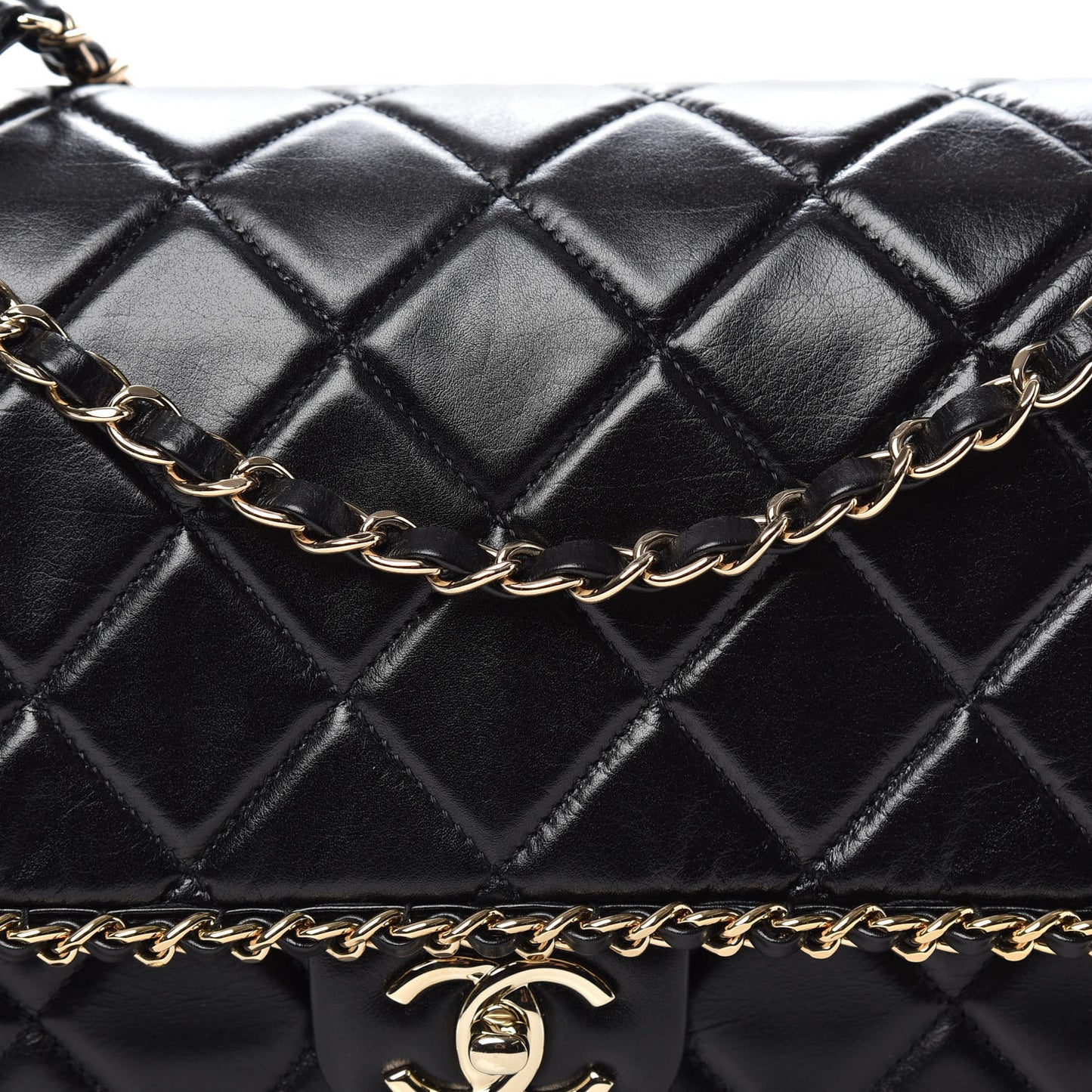 Crumpled Calfskin Quilted Large Chain All Over Flap Bag Black