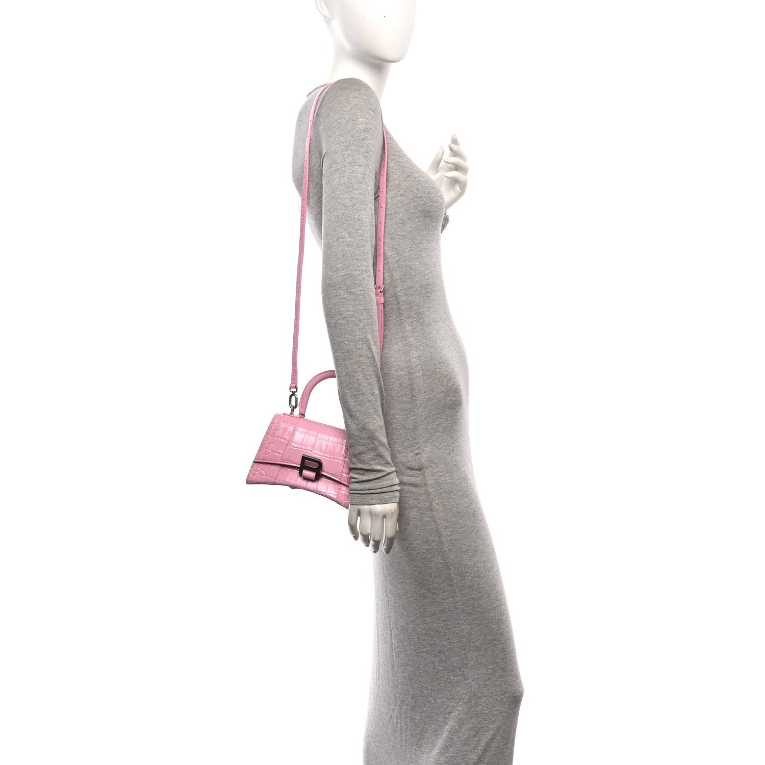 Balenciaga Shiny Calfskin Crocodile Embossed Hourglass Top Handle Bag XS Sweet Pink 2 of 12