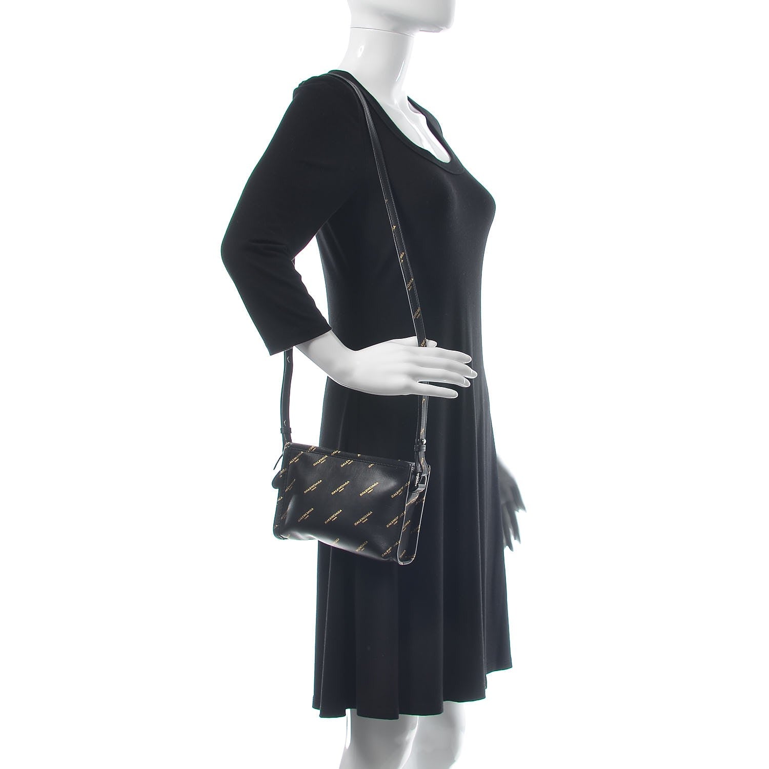 Balenciaga Calfskin Allover Logo Bazar Pochette Crossbody Black Gold 3 of 11