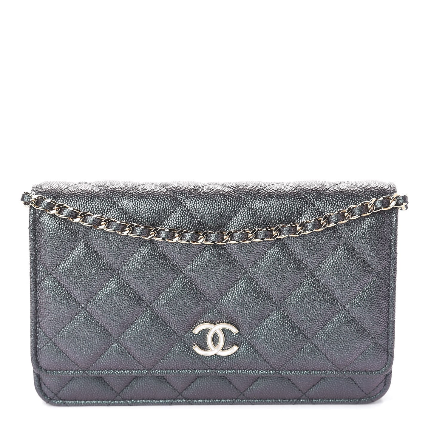 Iridescent Caviar Quilted Wallet On Chain WOC Black