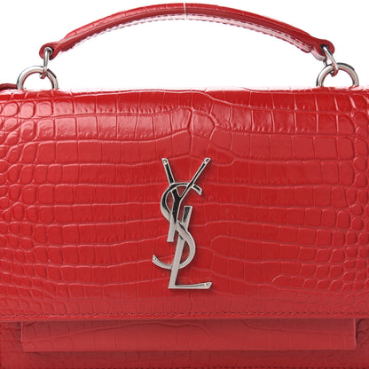 Saint Laurent Calfskin Crocodile Embossed Monogram Sunset Chain Wallet New Lipstick Red 9 of 10
