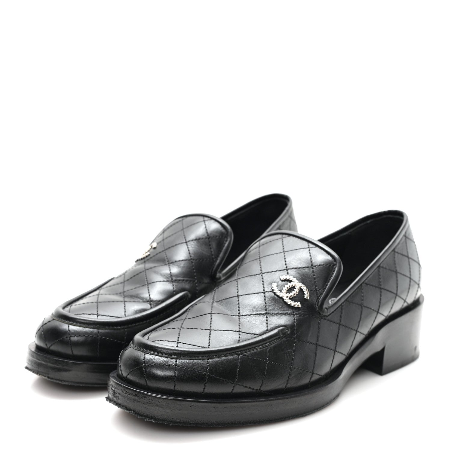 Chanel Calfskin Stitched CC Loafers 38 Black 4 of 10