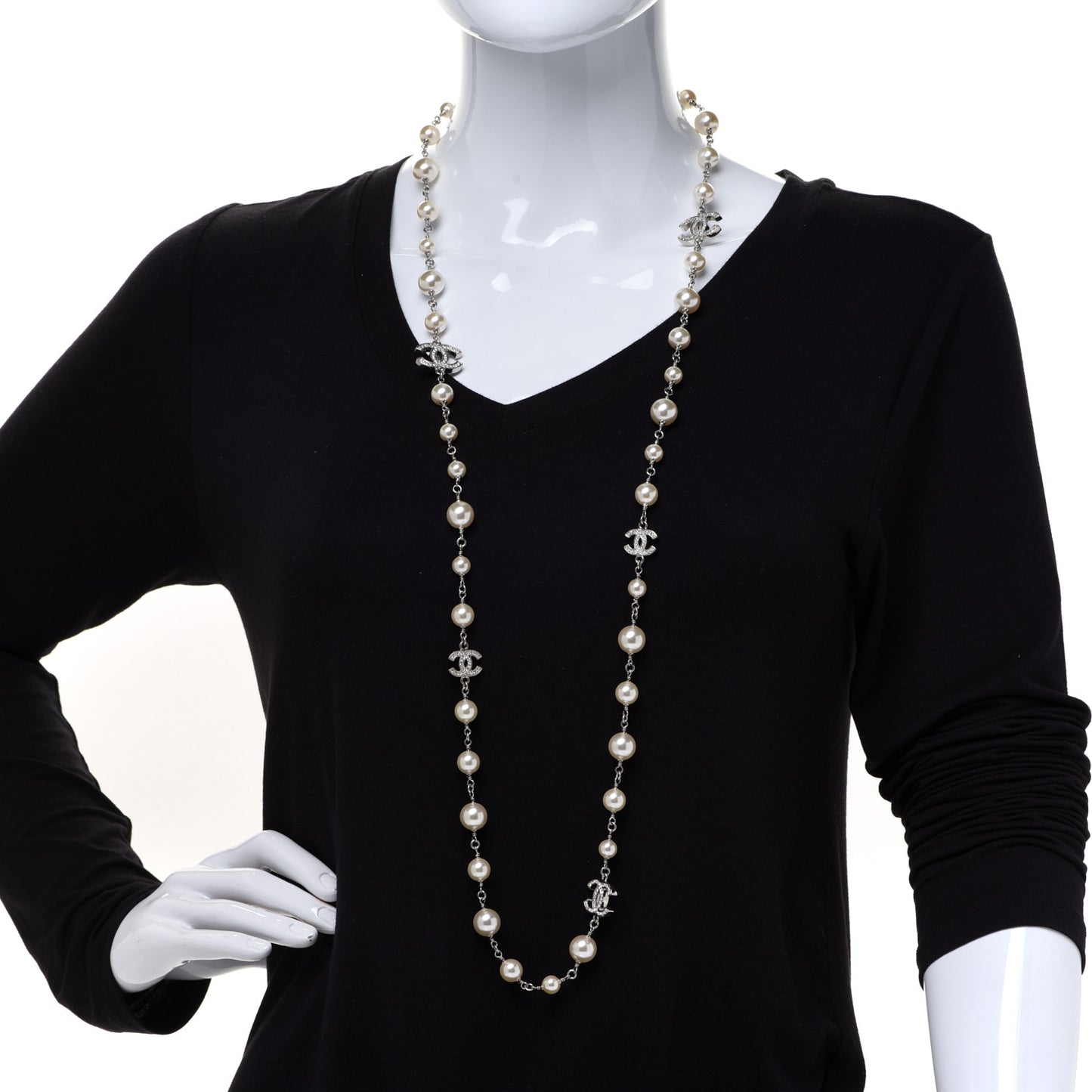 Graduated Pearl Crystal CC Long Necklace Silver