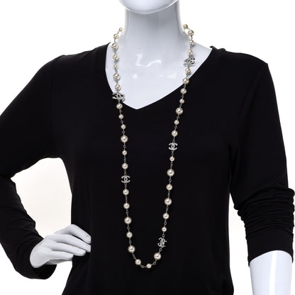 Chanel Graduated Pearl Crystal CC Long Necklace Silver 2 of 6