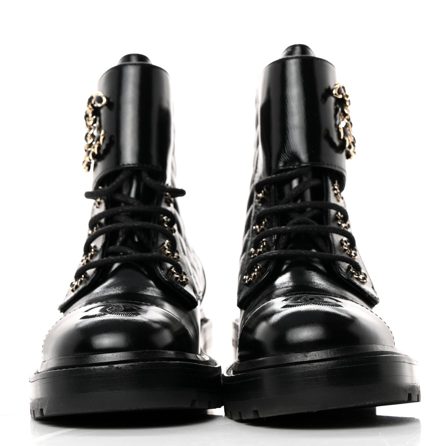 Shiny Calfskin Quilted Lace Up Combat Boots 37.5 Black