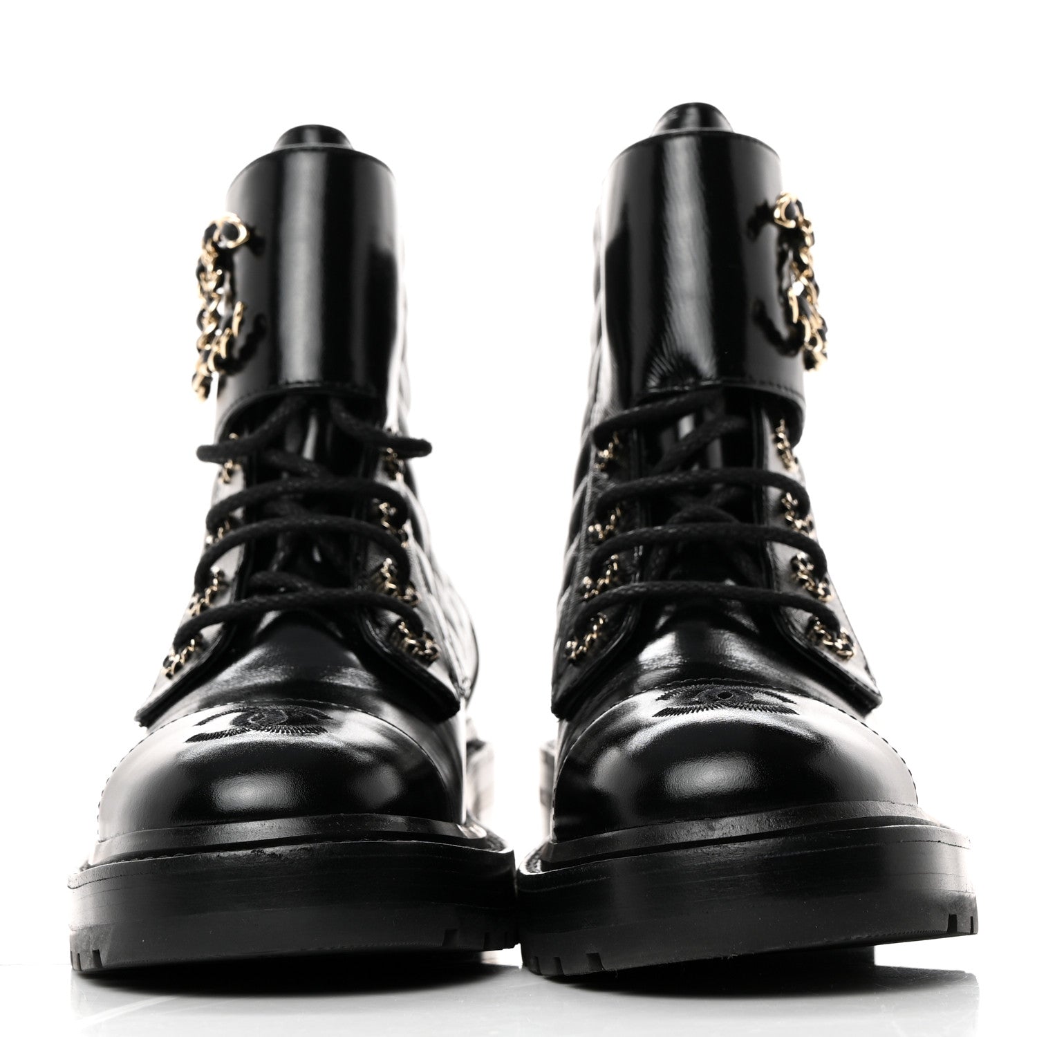 Chanel Shiny Calfskin Quilted Lace Up Combat Boots 37.5 Black 2 of 9
