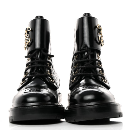 Chanel Shiny Calfskin Quilted Lace Up Combat Boots 37.5 Black 2 of 9