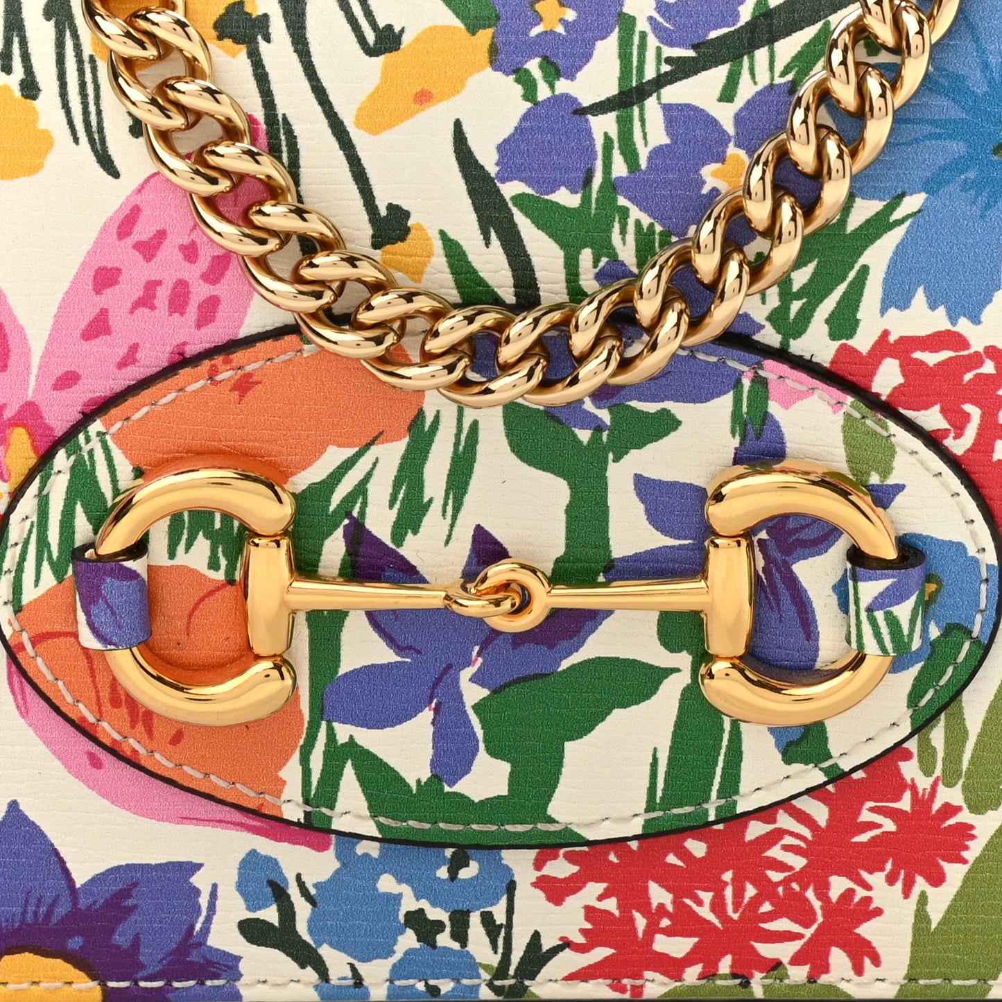 X KEN SCOTT New Shangai Calfskin Jardin D'Avril Floral Print Horsebit 1955 Wallet On Chain Ivory Pink
