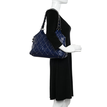 Chanel Glazed Goatskin Double Stitch Shoulder Bag Navy Blue 2 of 15