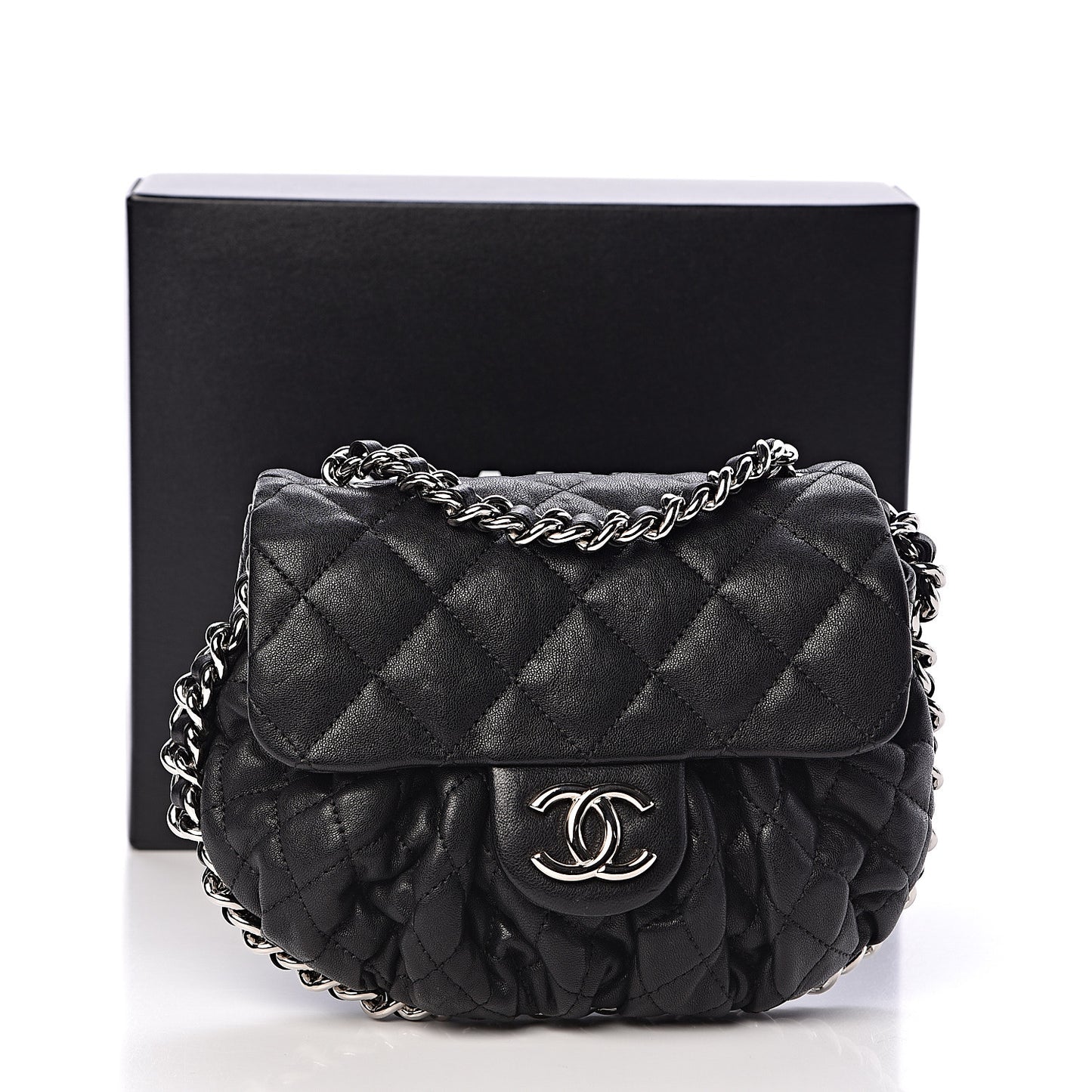 Washed Lambskin Quilted Mini Chain Around Flap Black