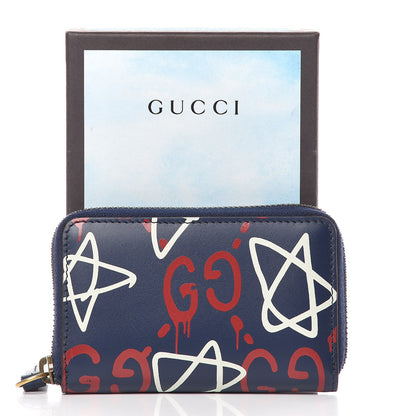 Gucci Calfskin GucciGhost Zip Around Card Case Blue Agata Hibiscus Red 8 of 8