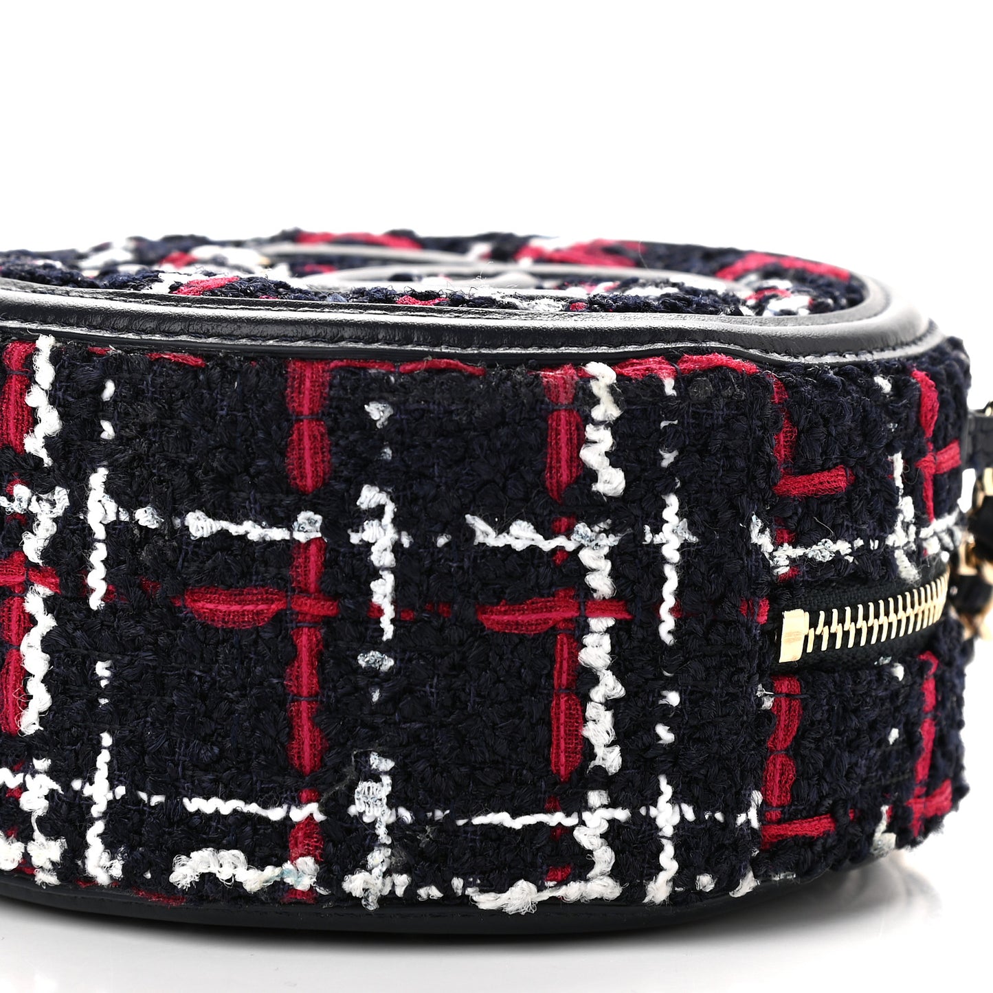 Tweed Quilted Round Filigree Clutch With Chain Navy Blue