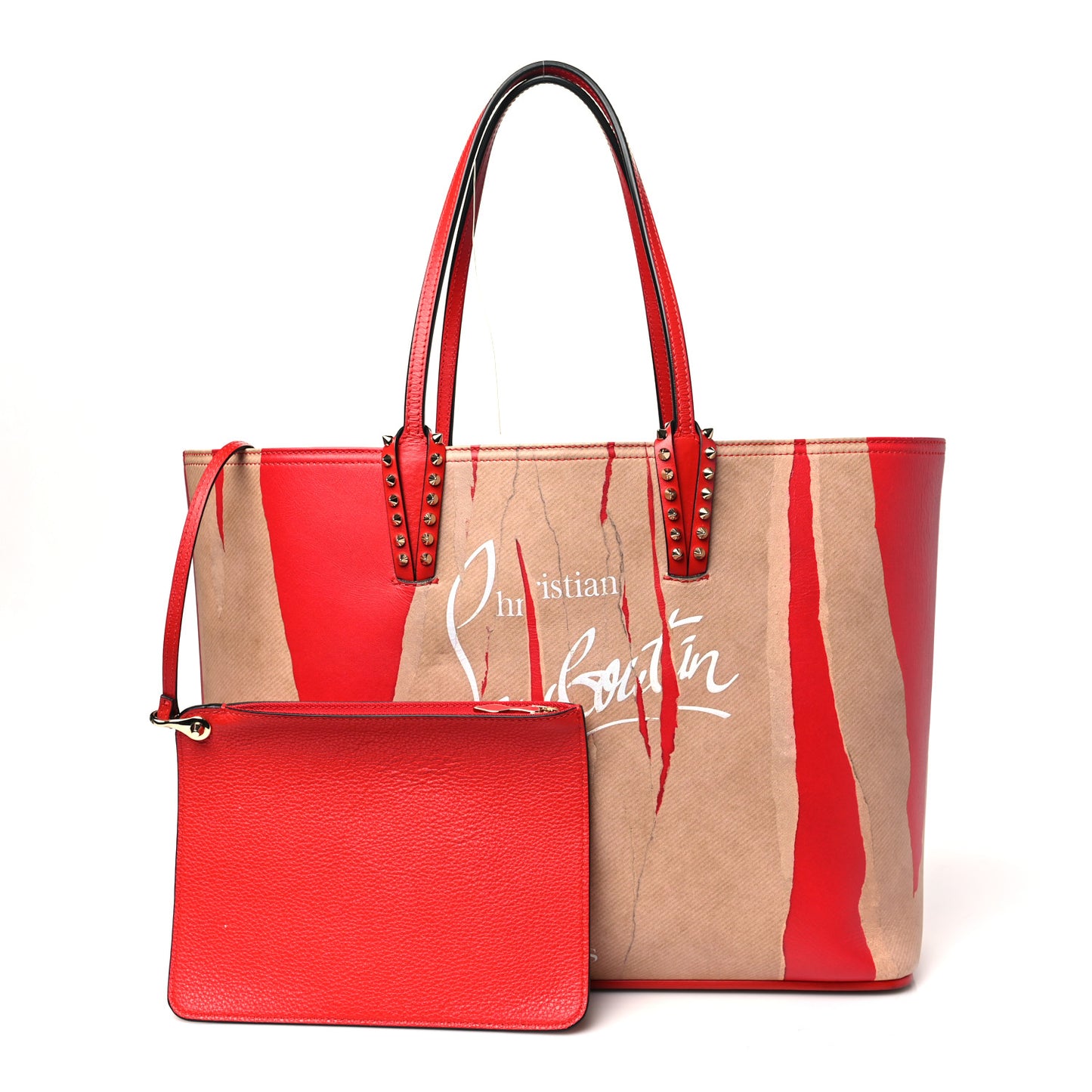 Calfskin Spikes Loubi Print East West Cabata Tote Kraft Red