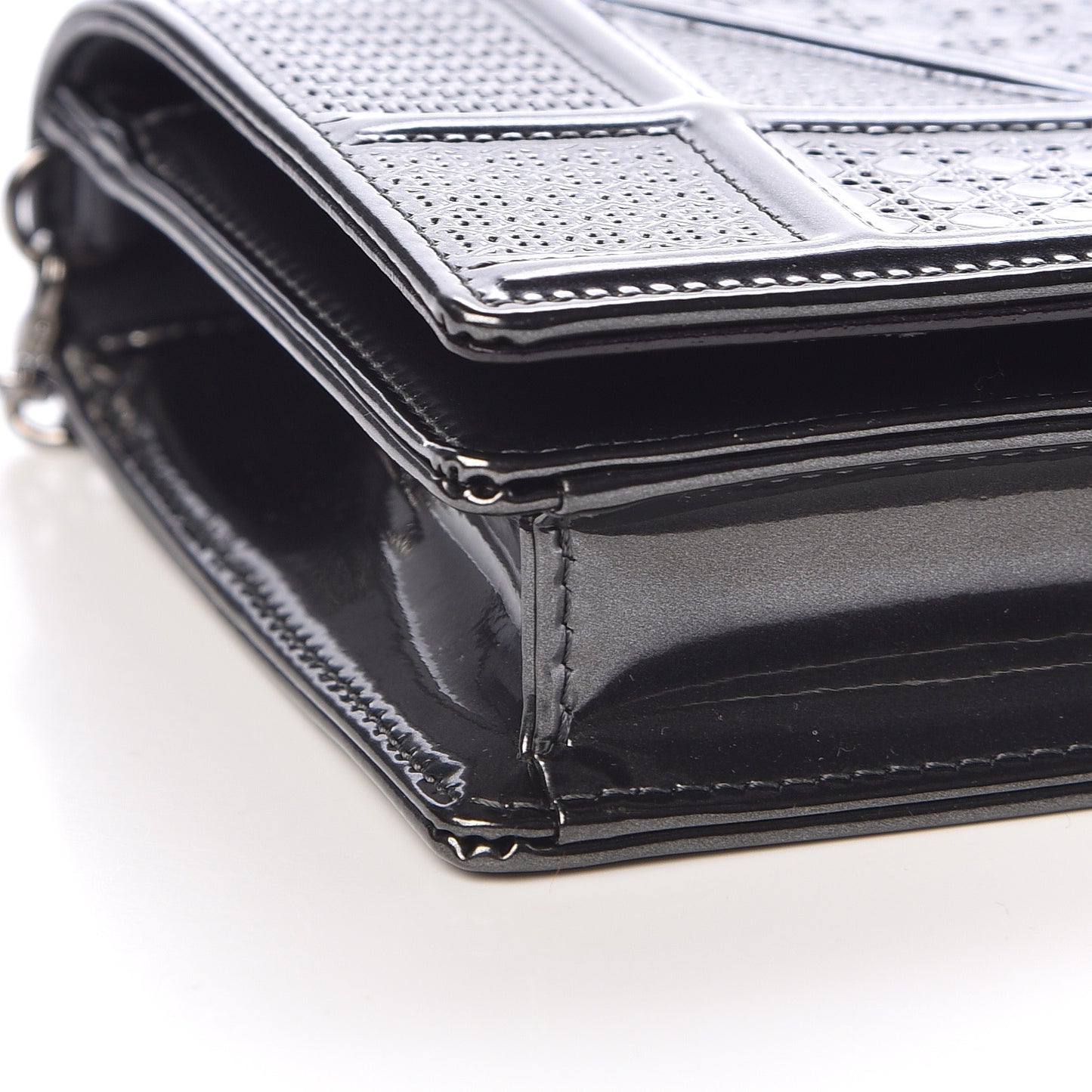Metallic Patent Micro-Cannage Diorama Wallet on Chain Pouch Onyx Black