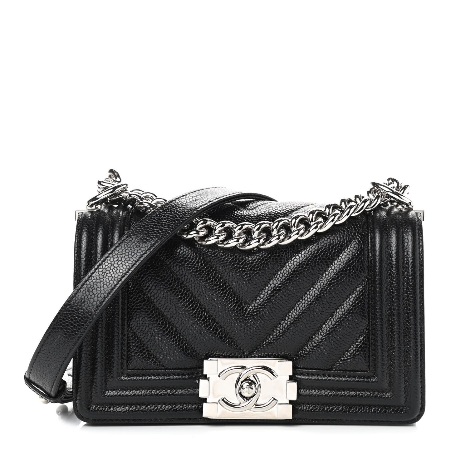 Caviar Chevron Quilted Small Boy Flap Black