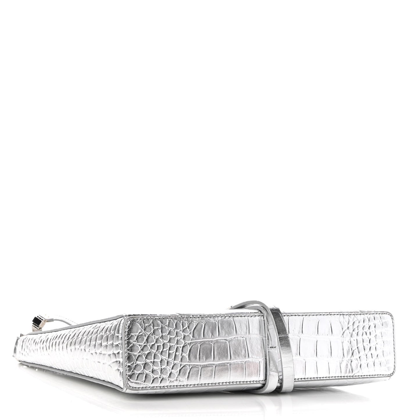 Metallic Calfskin Croc Embossed Small Cut Out Shoulder Bag Silver