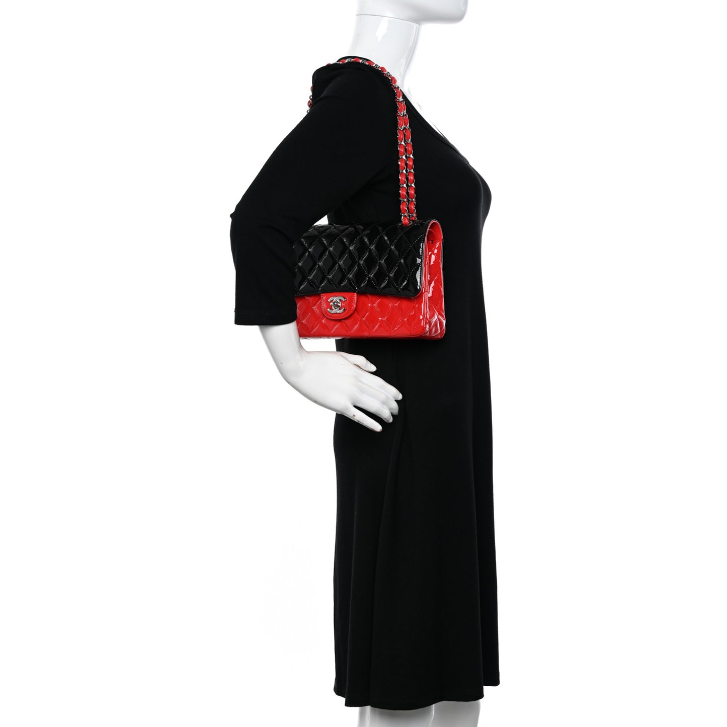 Patent Calfskin Quilted Bi-Color Medium Double Flap Red Black