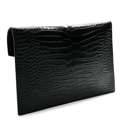 Saint Laurent Calfskin Crocodile Embossed Uptown Monogram Clutch Black 3 of 9