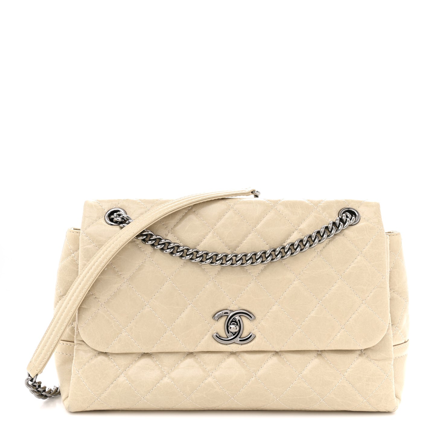 Glazed Calfskin Quilted Medium Lady Pearly Flap Light Beige