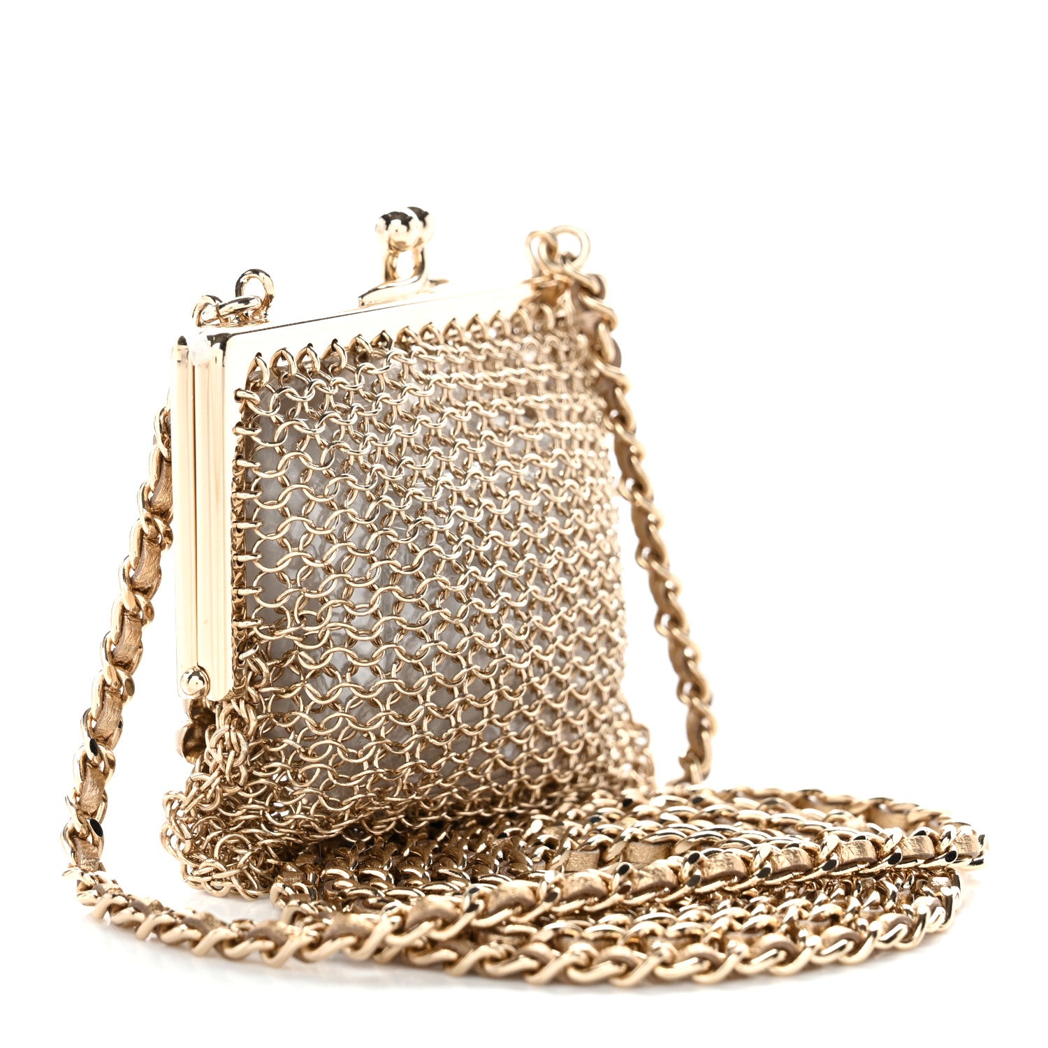 Chanel Metal Pearl Enamel Kiss Lock Chain Mail Charm Clutch Gold