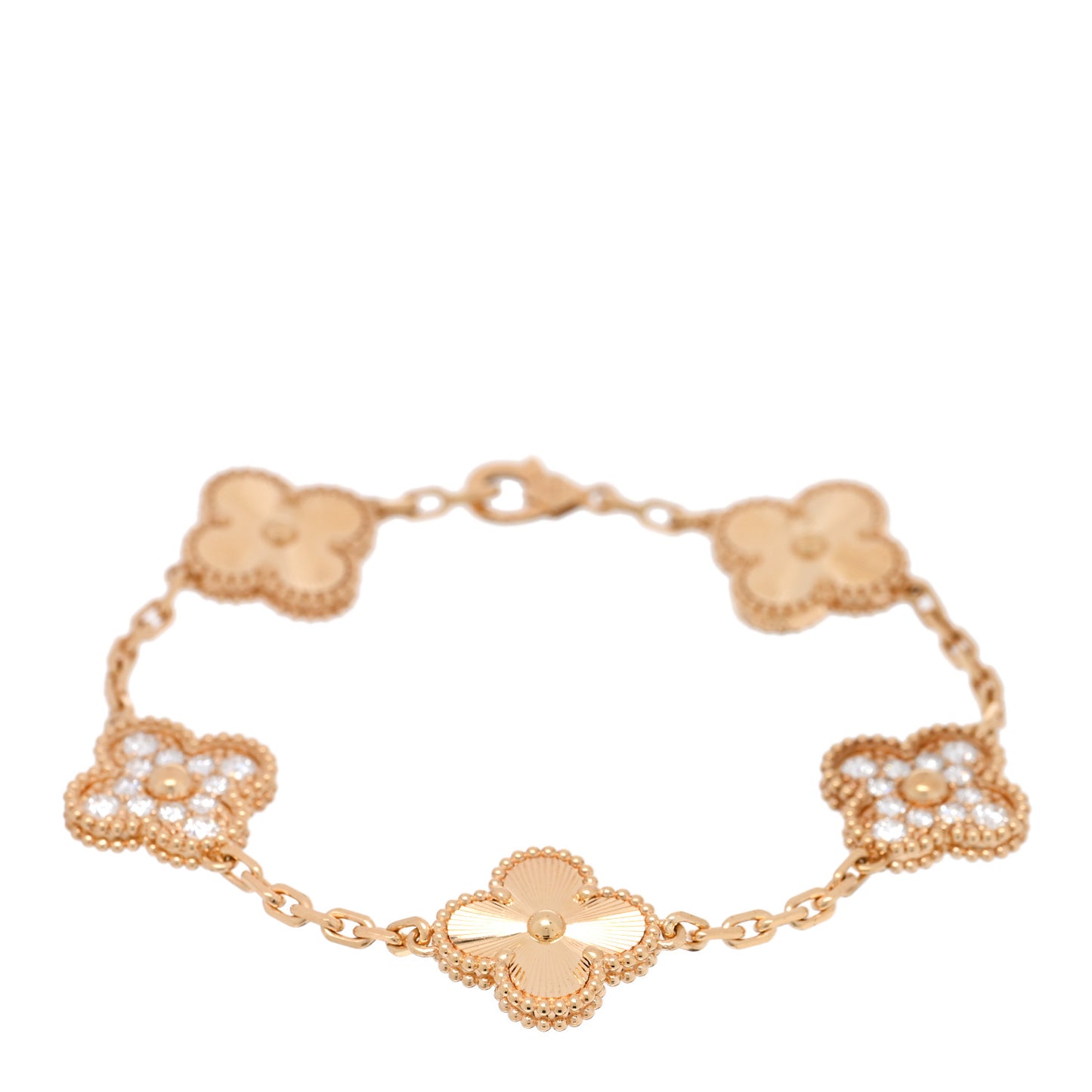 18K Yellow Gold Diamond 5 Motifs Guilloche Vintage Alhambra Bracelet