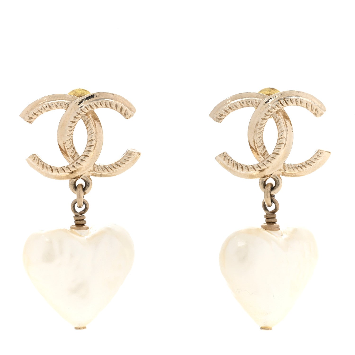 Chanel Pearl CC Heart Drop Earrings Gold 1 of 5