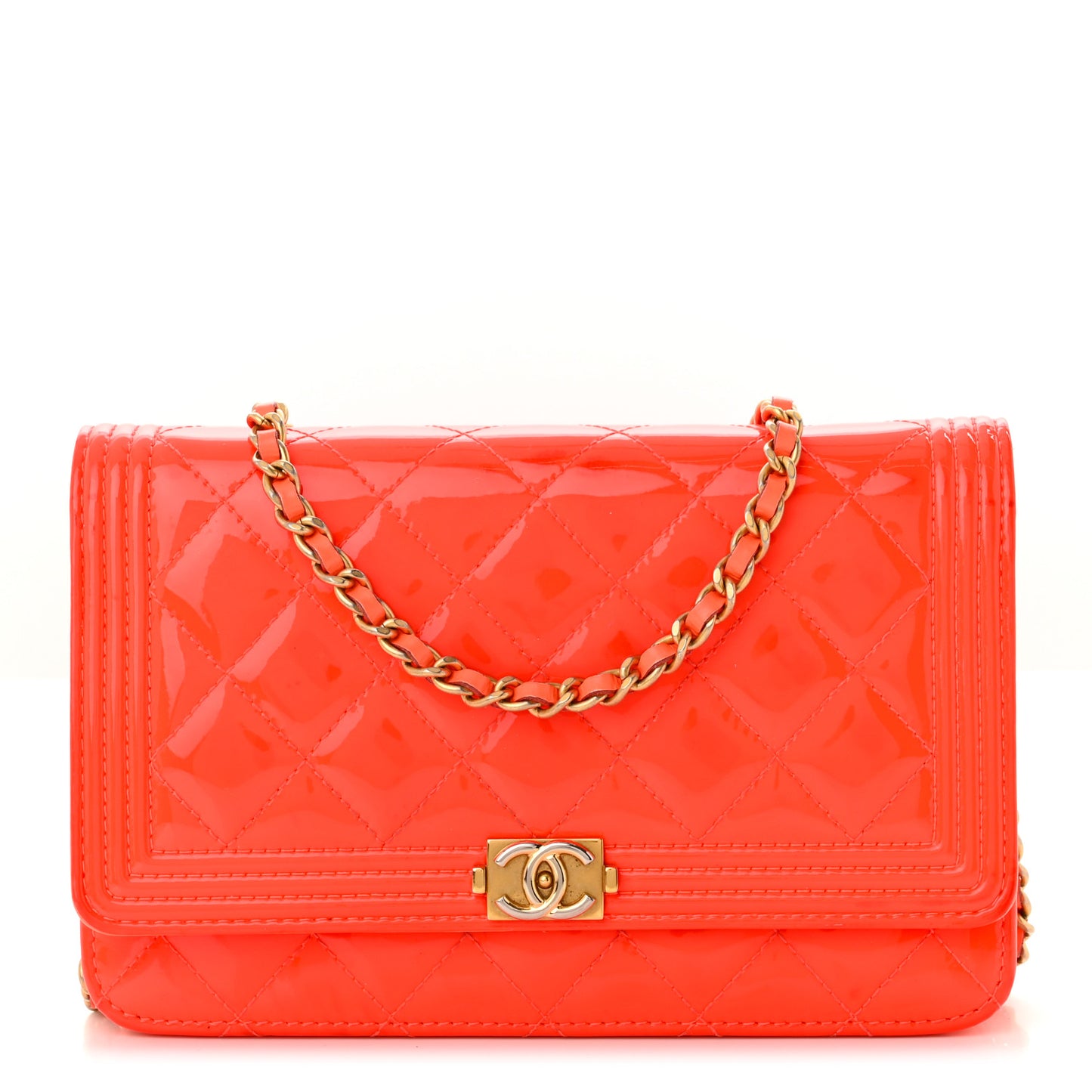 Patent Calfskin Quilted Boy Wallet On Chain WOC Orange