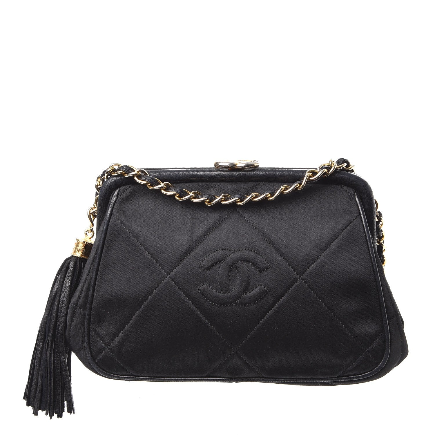 Chanel Satin Quilted Tassel Frame Crossbody Black 1 of 11