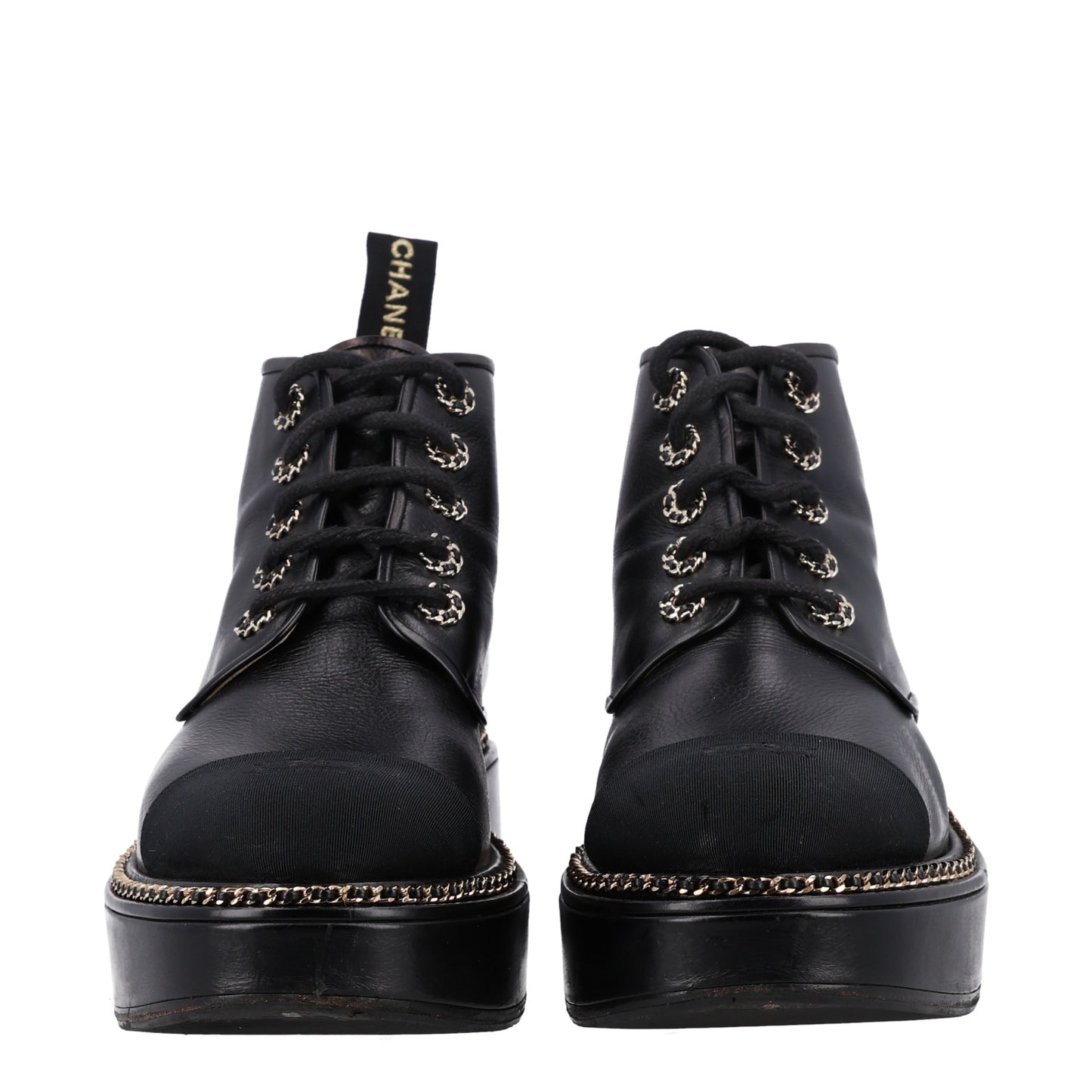 Calfskin Grosgrain Chain Lace Up CC Short Boots 41 Black