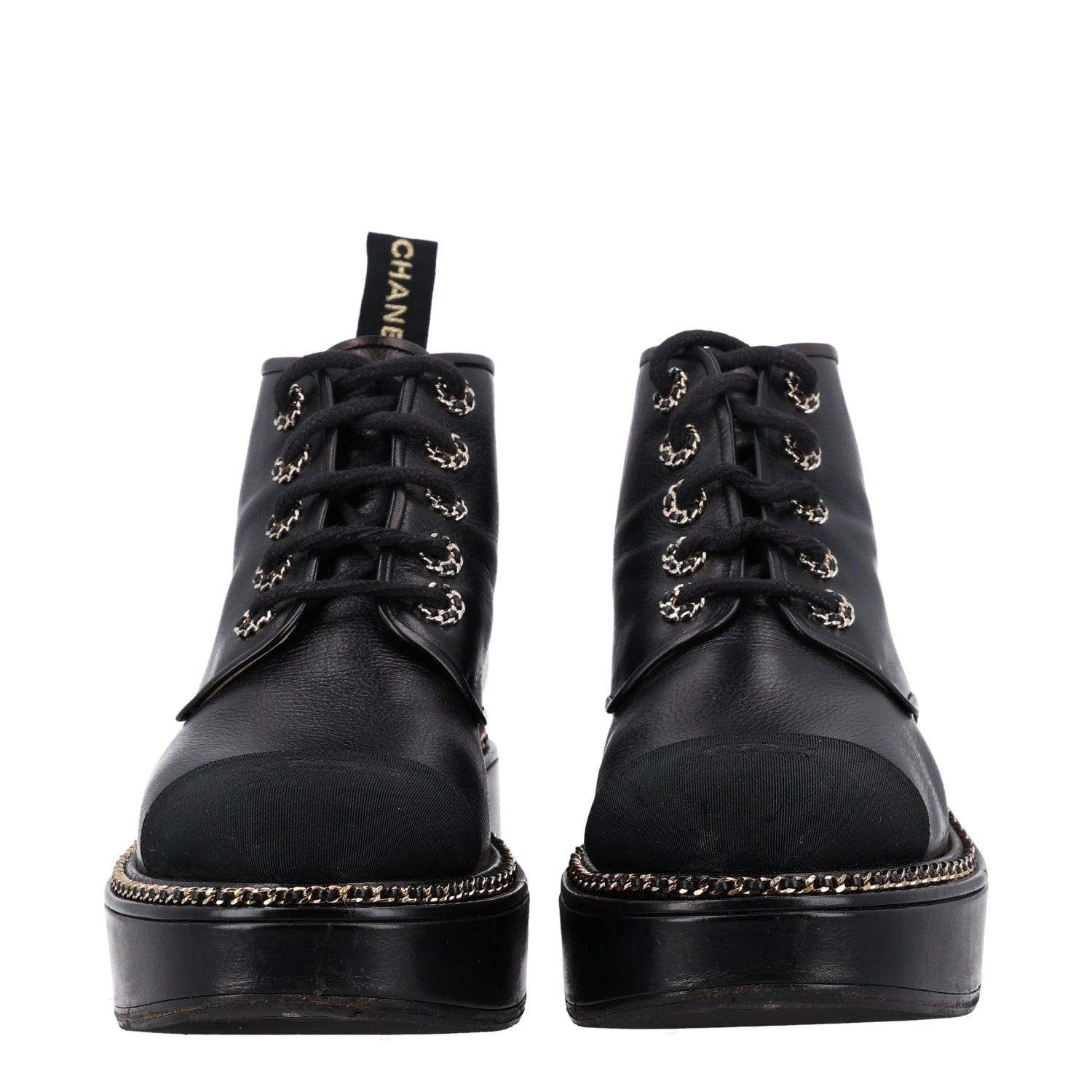 Chanel Calfskin Grosgrain Chain Lace Up CC Short Boots 41 Black 3 of 11