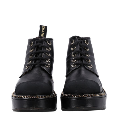 Chanel Calfskin Grosgrain Chain Lace Up CC Short Boots 41 Black 3 of 11