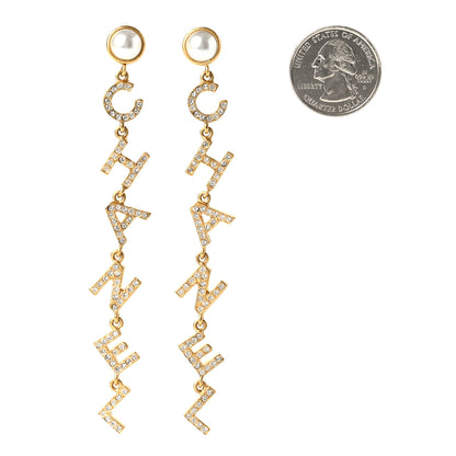 Chanel Crystal Pearl Logo Drop Earrings Gold 2 of 4