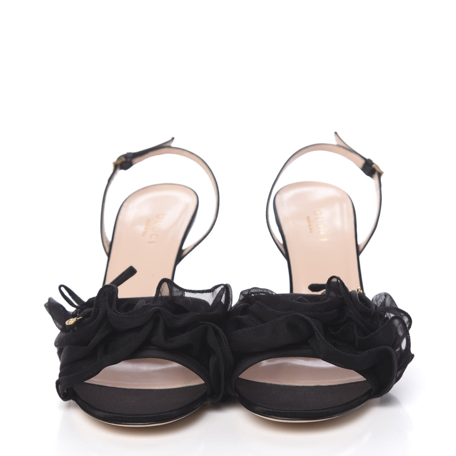 Gucci Tulle Ruffle Mid Heel Slingback Sandals 37.5 Black 2 of 10