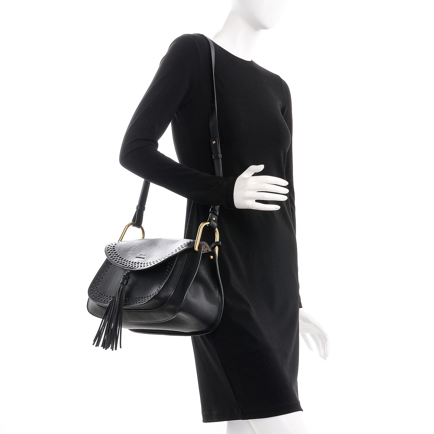 Calfskin Perforated Medium Hudson Double Carry Shoulder Bag Black