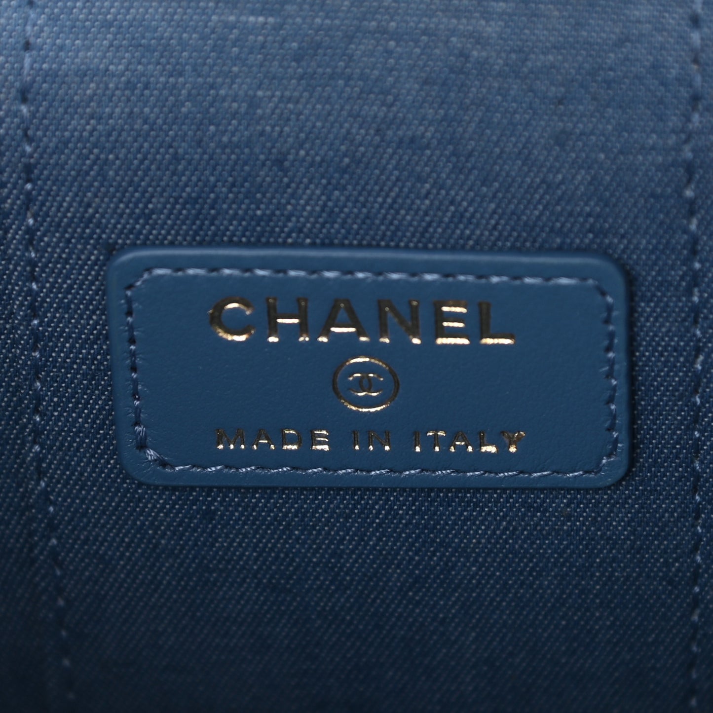 Denim Quilted Mini Pearl Crush Vanity Case With Chain