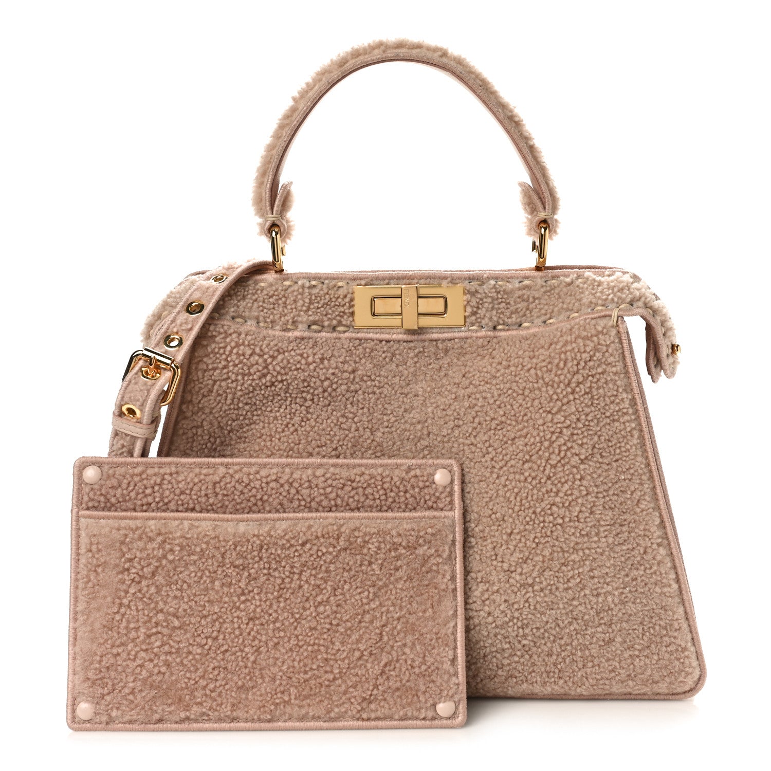 Fendi Curly Shearling Shiny Nappa Medium Peekaboo I SEE U Satchel Rosa Plaster 3 of 8