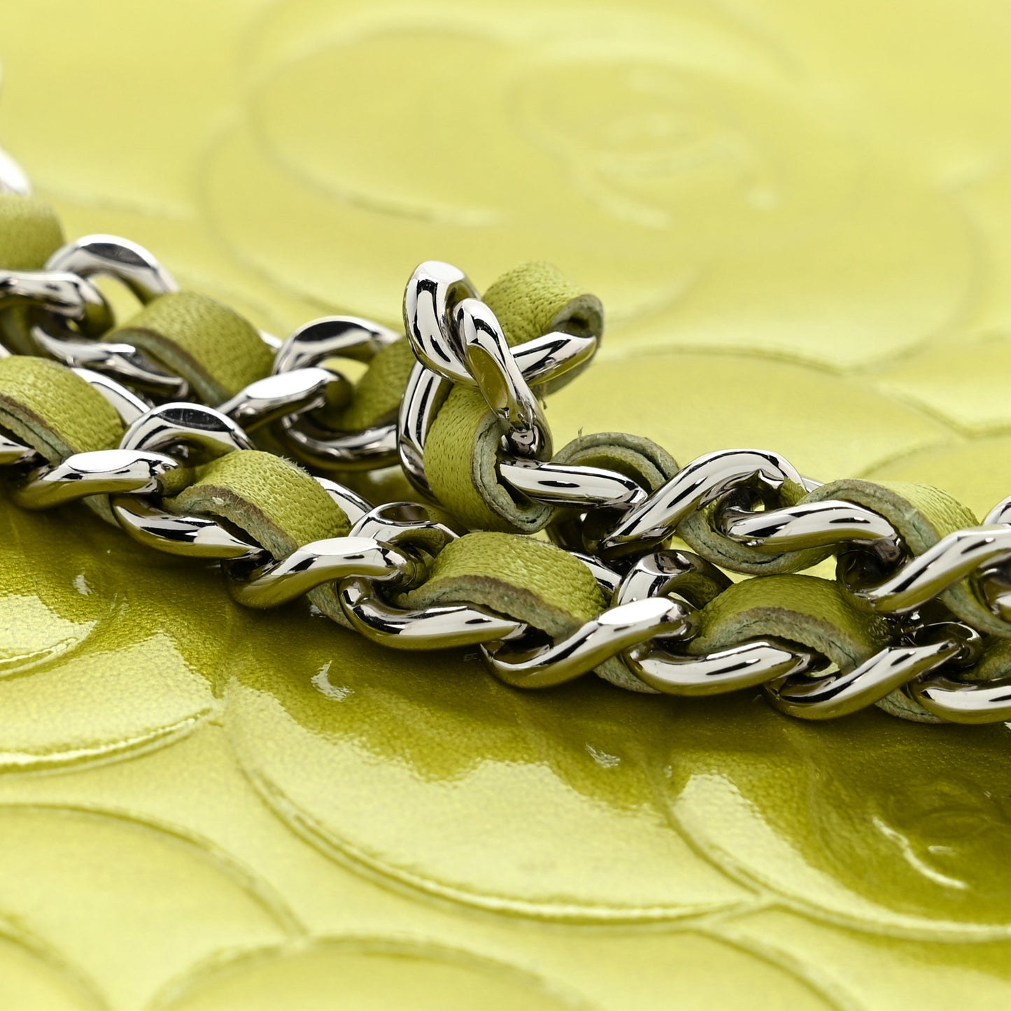 Patent Camellia Embossed Wallet on Chain WOC Green