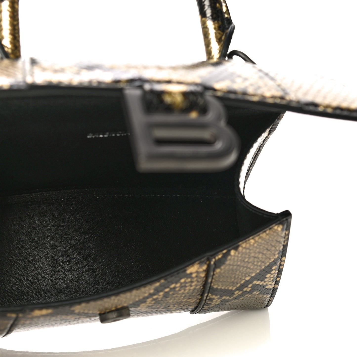 Shiny Calfskin Snakeskin Embossed Hourglass Top Handle Bag XS Gold Black