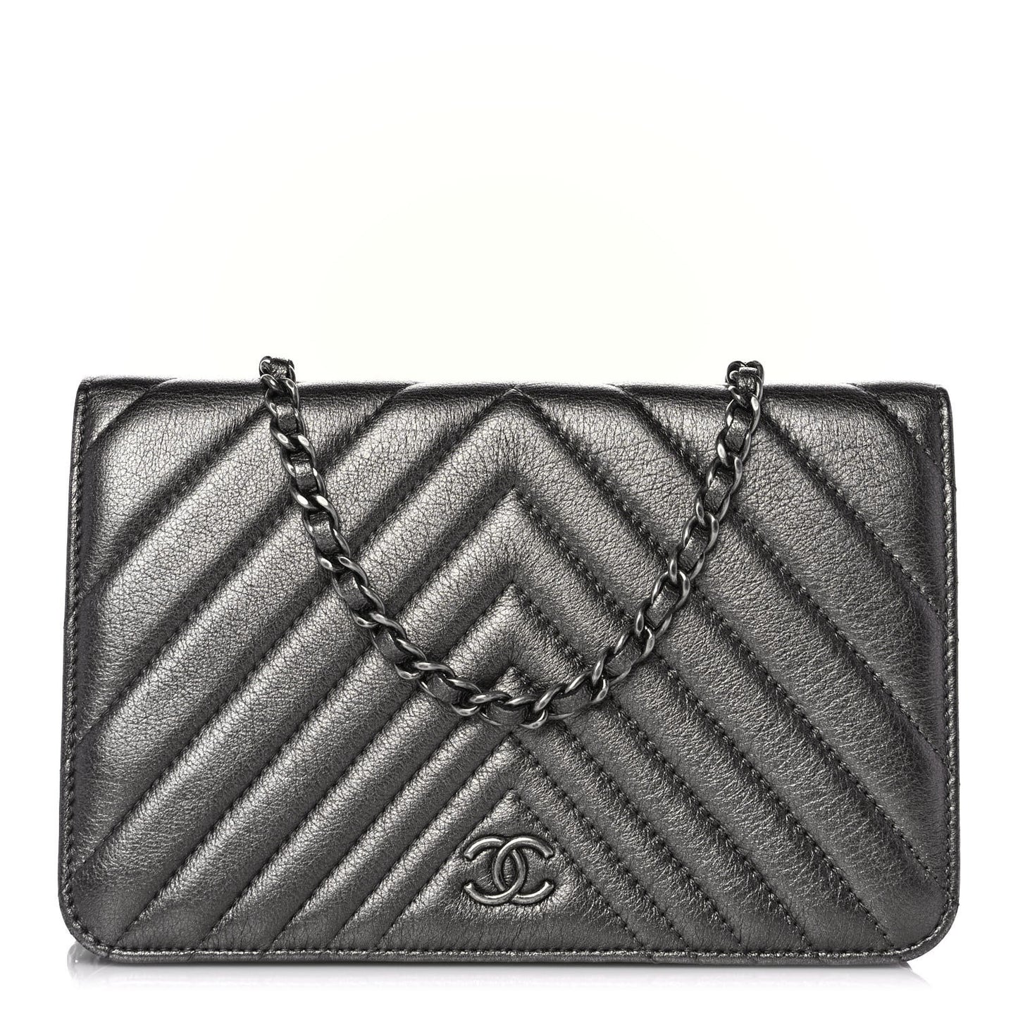 Metallic Calfskin Chevron Quilted Wallet On Chain WOC Dark Silver