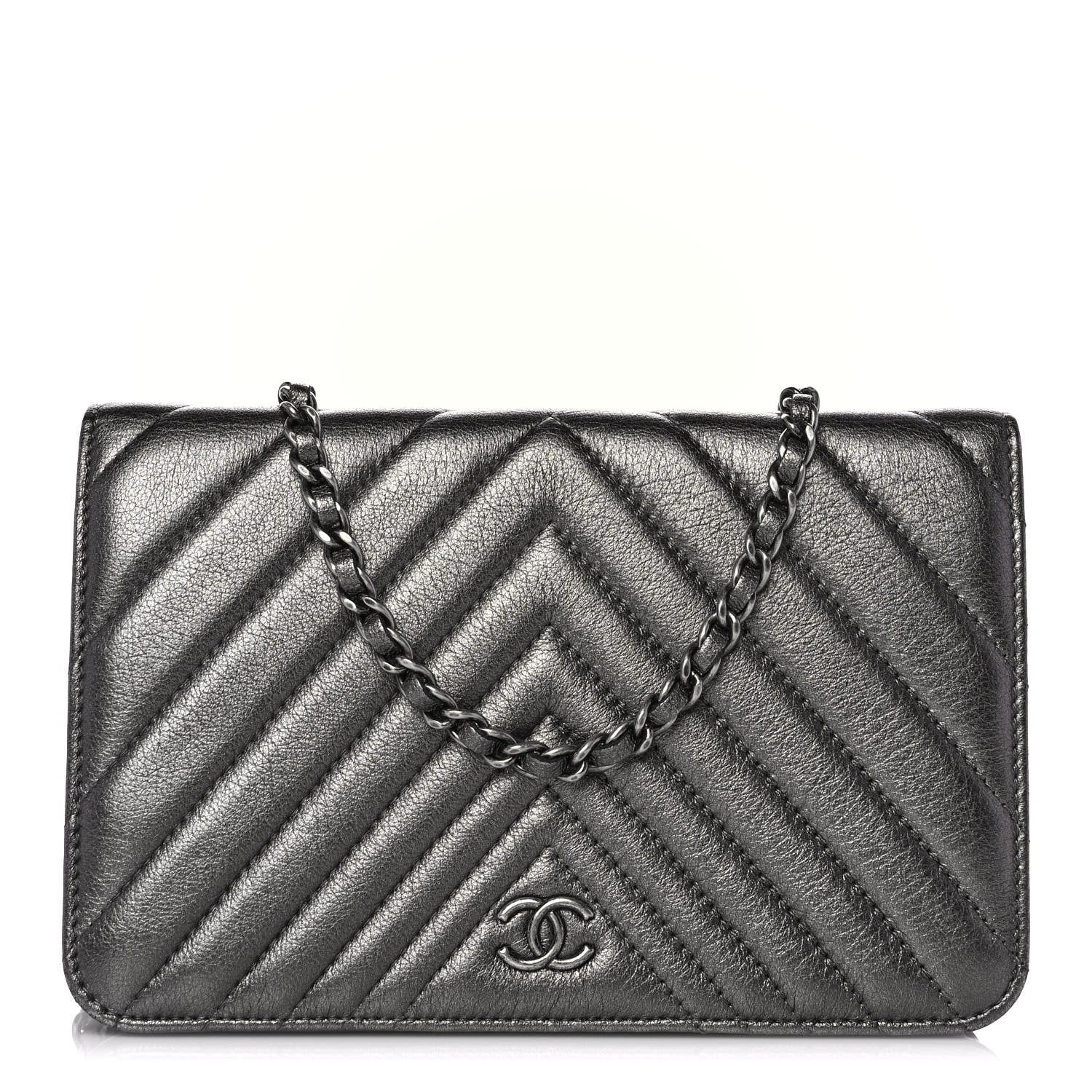 Chanel Metallic Calfskin Chevron Quilted Wallet On Chain WOC Dark Silver 1 of 11
