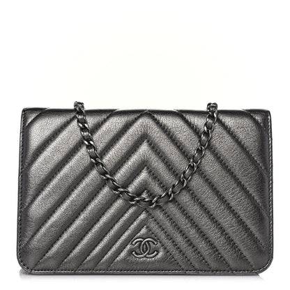 Chanel Metallic Calfskin Chevron Quilted Wallet On Chain WOC Dark Silver 1 of 11