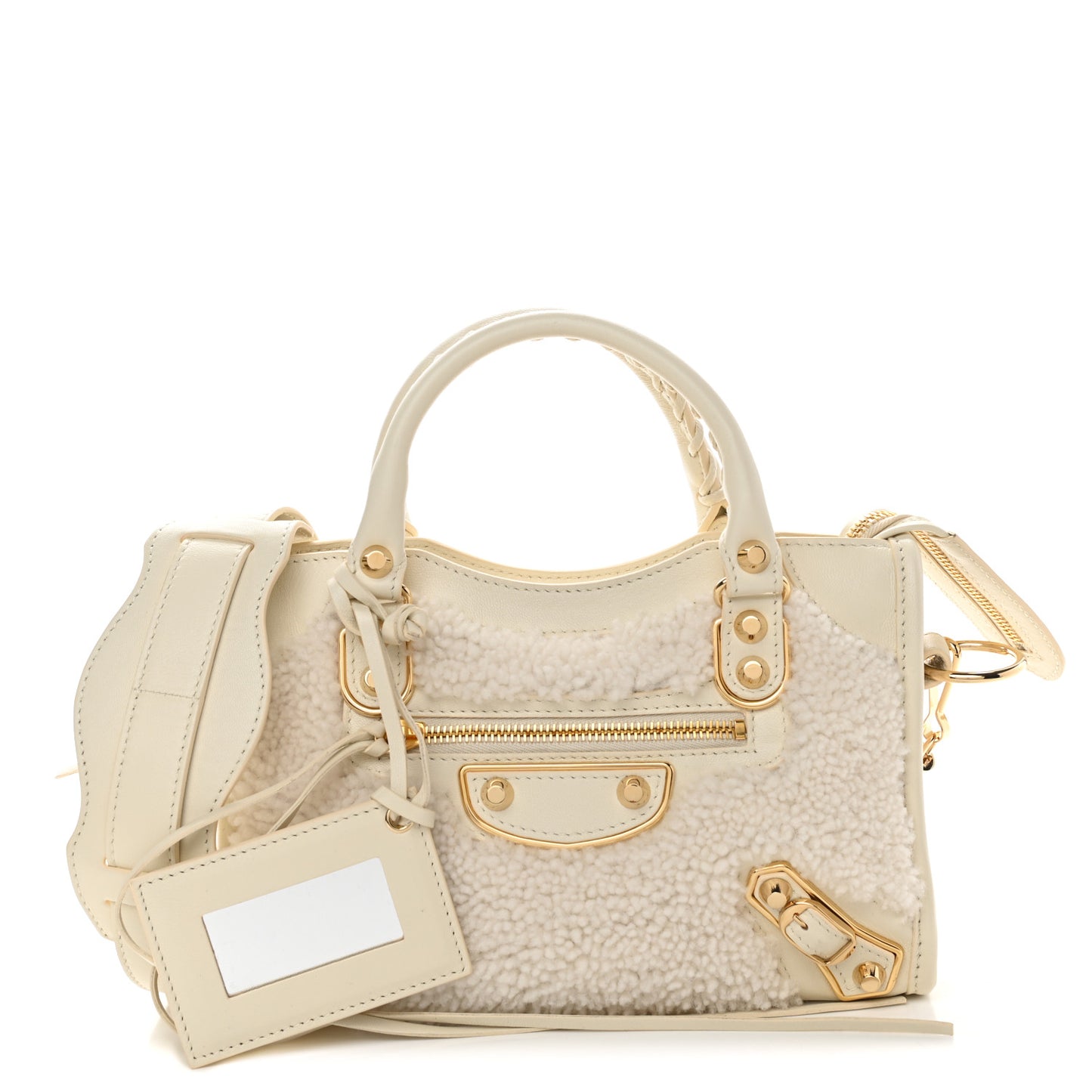 Shearling Nappa Gold Metallic Edge Hardware Mini City Cream