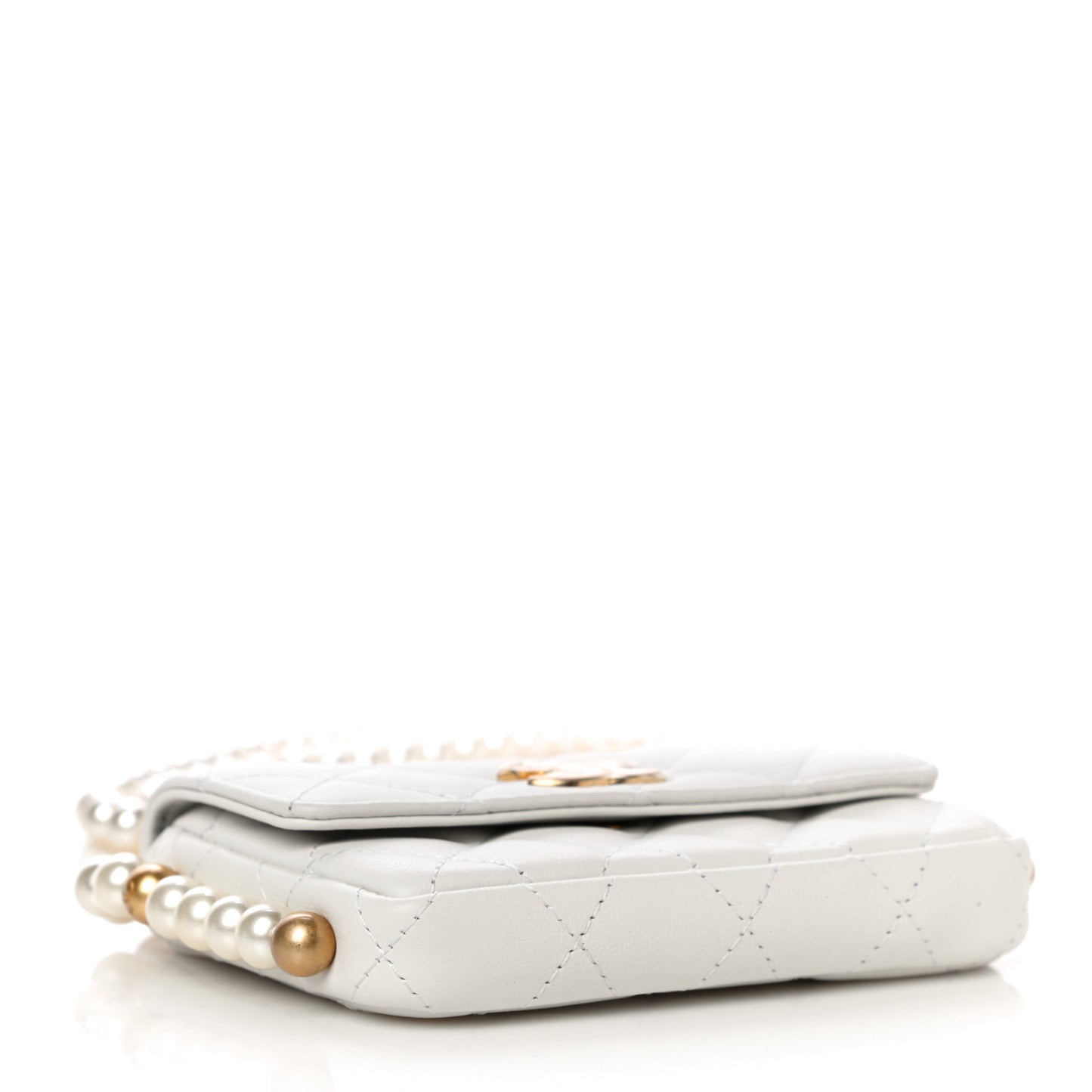 Calfskin Quilted About Pearls Card Holder Flap With Chain White